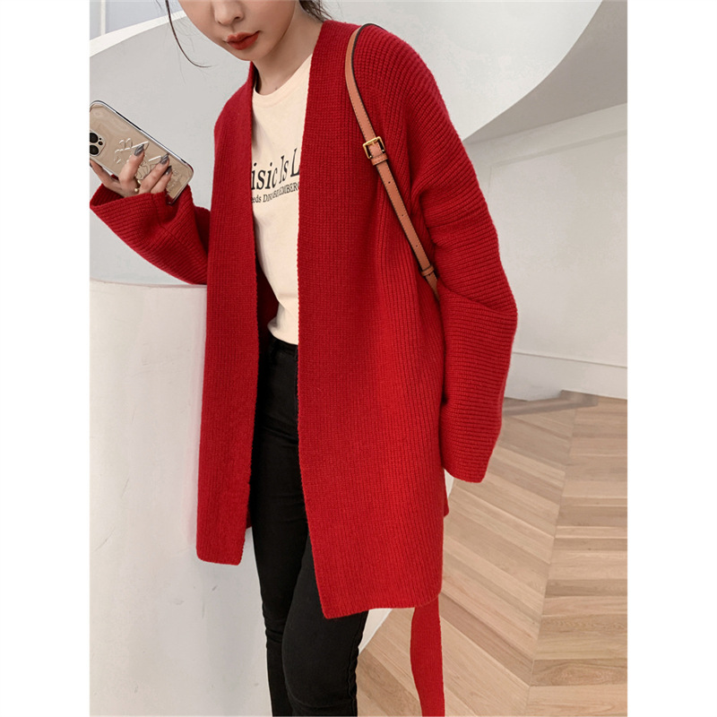 [Oportunidad real de fábrica] temporada temprana nueva solapa suéter suelto simple bata estilo cinturón suéter abrigo