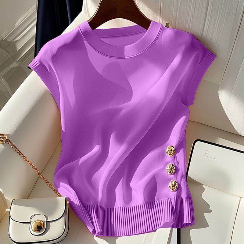 Women's Light Luxury Pink Knit Top Round Neck Sleeveless T-Shirt French Style Summer Chic Fashion For Youthful Women_voghion.com