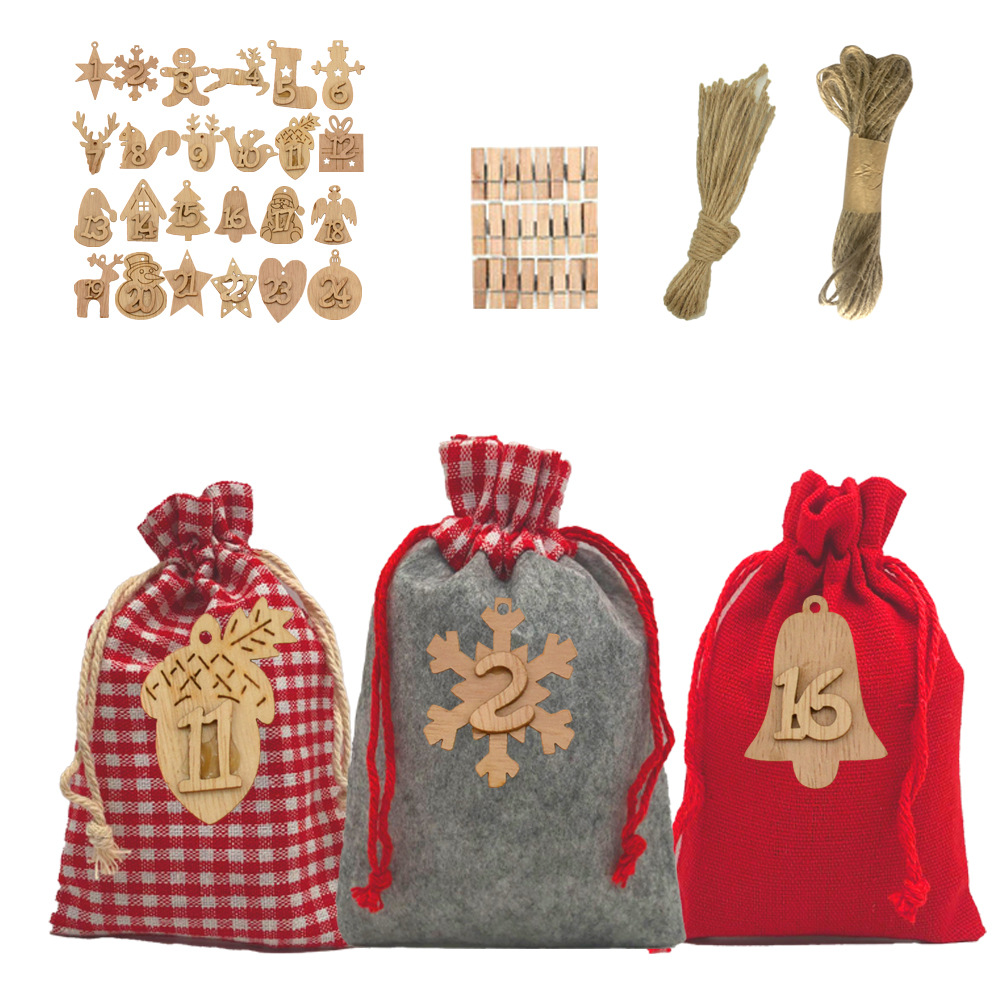 亚马逊现货1-24数字木吊牌圣诞降临日历麻布袋糖果束口包装袋套装