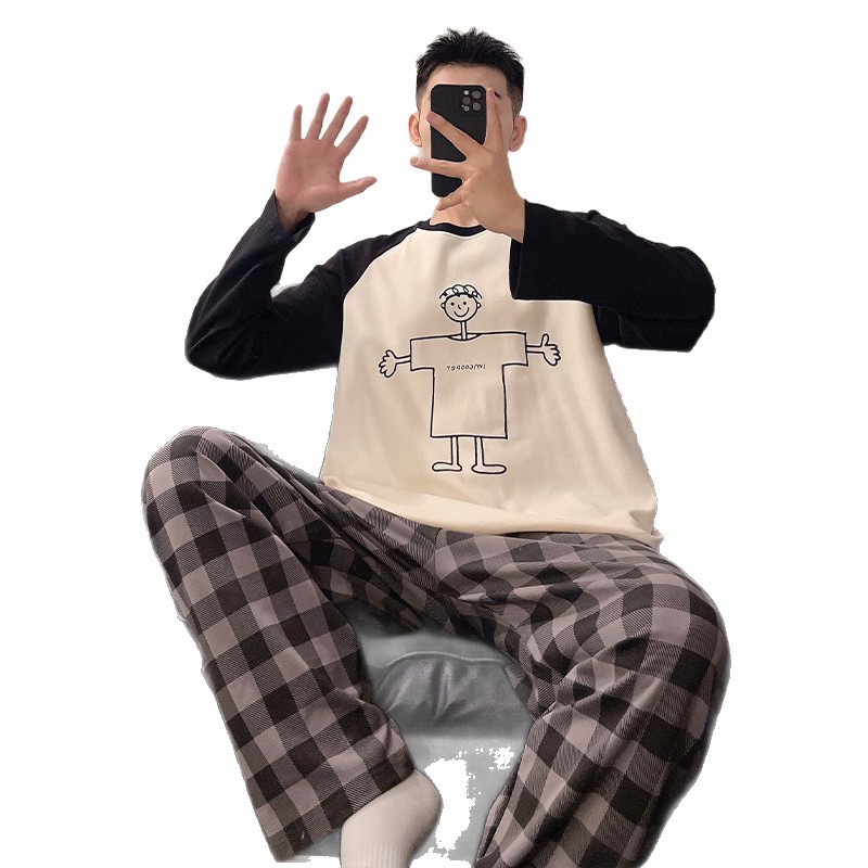 Pijamas de otoño de manga larga para hombre, jersey con cuello redondo, traje de primavera y otoño, ropa informal para el hogar, estilo de otoño e invierno para hombre, se puede usar fuera del traje