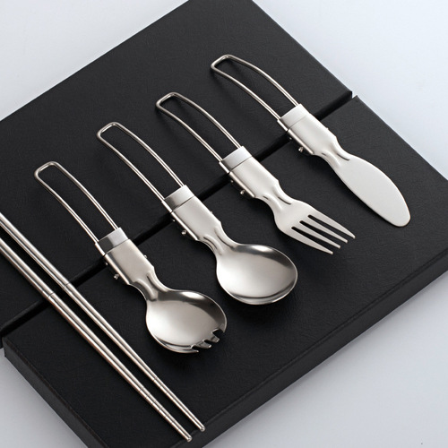 Stainless steel outdoor camping removable tableware, portable travel stainless steel foldable knife, fork, spoon, chopsticks