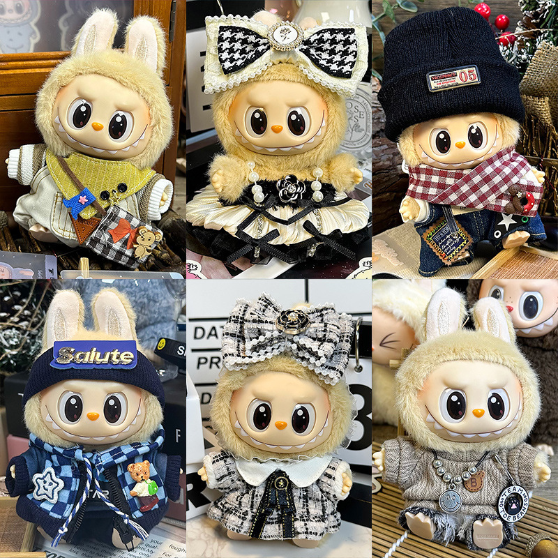 Labubu se sienta en la fiesta, ropa de bebé, caja ciega de primera generación, ropa de bebé Labubu, ropa de tela rabble, cara de vinilo de felpa