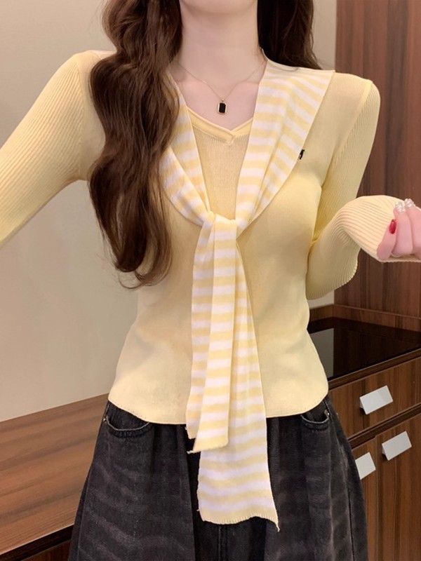 韩系海军领披肩针织打底衫女秋季设计感小众chic别致内搭短款上衣|undefined