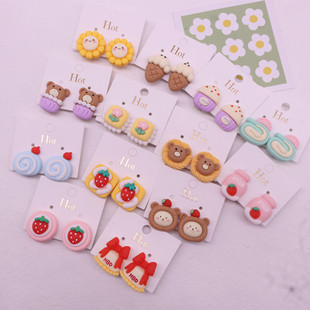 New Children's Cartoon Biscuit Cake Pain-proof Ear Clip Girls Cute Strawberry Bear Milk Fake Earrings Stud Earrings