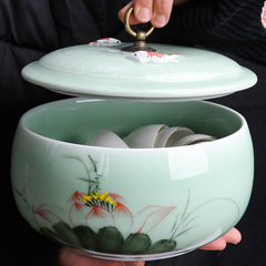 青磁茶洗面器茶かす手描き蓋付きリビングルームデスクトップ家庭用ペン洗浄中国ハイエンドティーカップ洗面器 Ge 窯