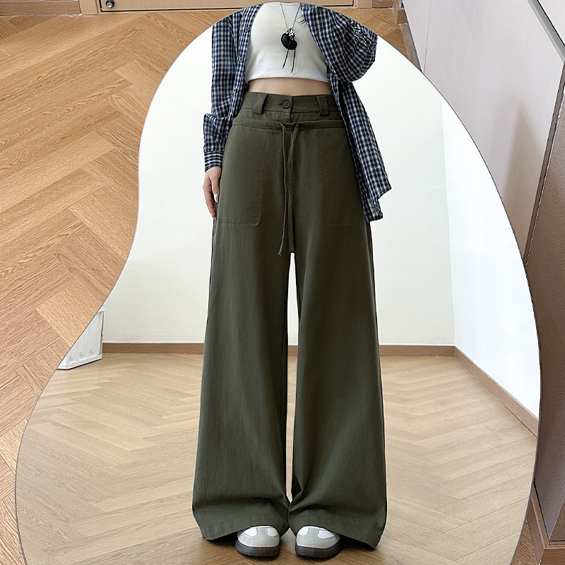 卡其色设计感牛仔裤女2025秋新款韩系抽绳高腰垂感直筒休闲阔腿裤|undefined
