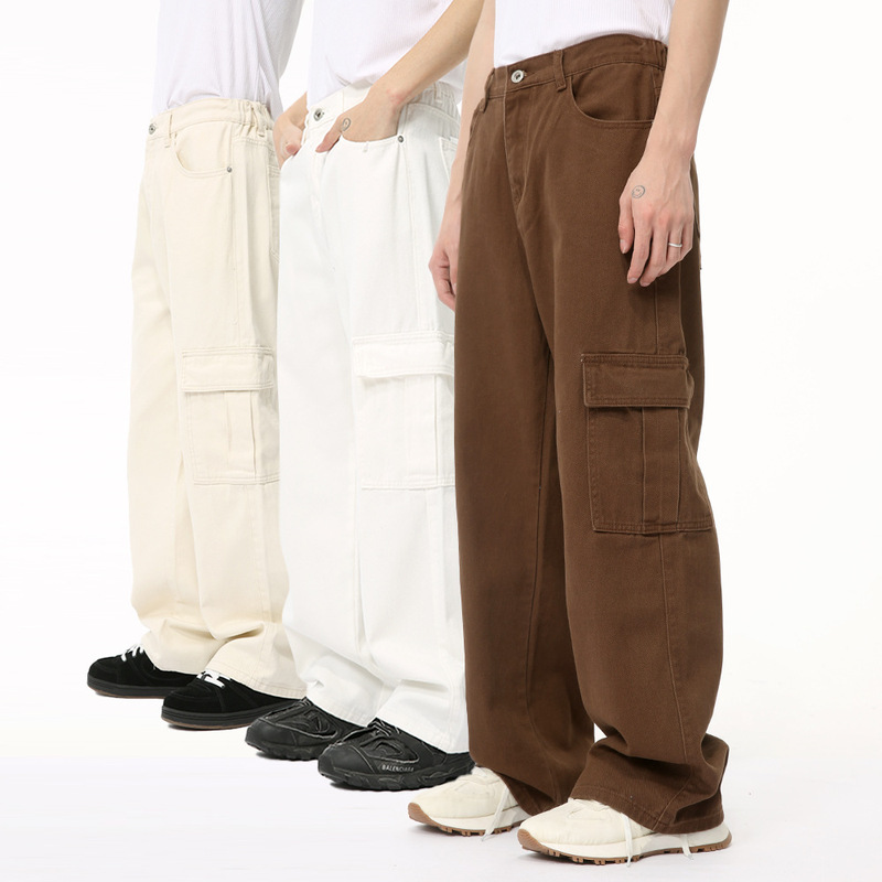 Mtlclothes Men's Clothing | Trendy Retro High Street Vibe Elastic Multi-Pocket Cargo Jeans Loose and Fashionable