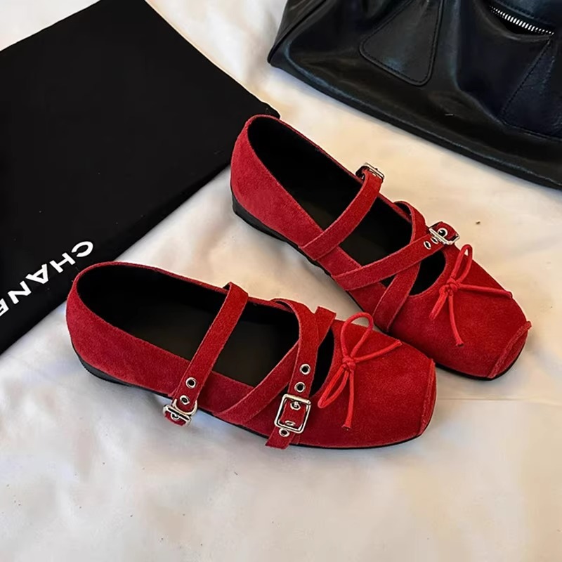 软皮版~5cm内增高方头蝴蝶结皮带扣银色玛丽珍单鞋软底芭蕾舞鞋女