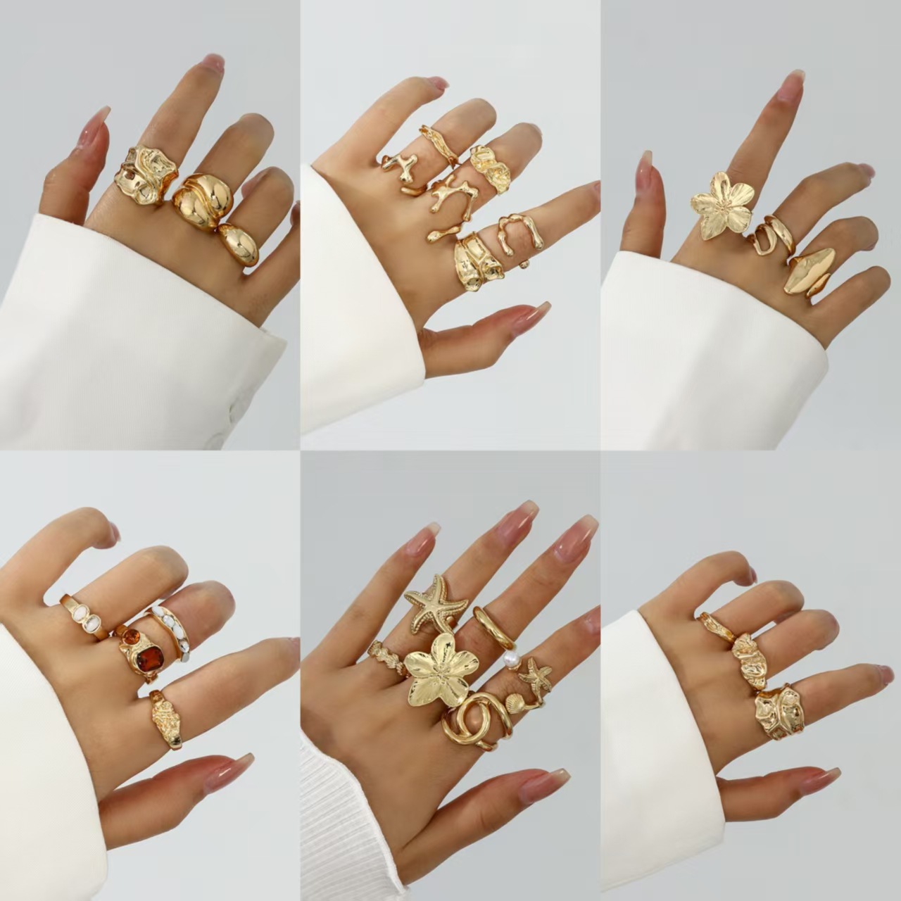 Estilo explosivo transfronterizo europeo y americano, gota de agua brillante, abrazo, anillo abierto, pliegues de metal líquido, anillo cruzado irregular