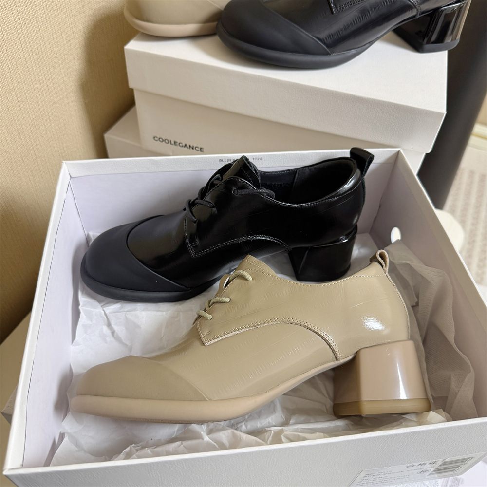 高奢尖货手慢无~头层牛皮深口单鞋防撞圆头系带粗跟4cm百搭小皮鞋