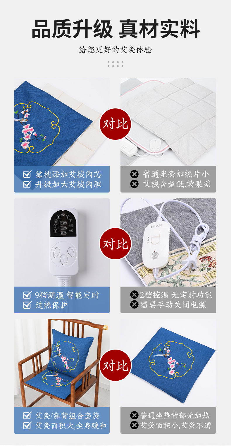 Electric Heated Mugwort Cushion Ai Rong 艾绒 Warm Compress Seat Pad with Backrest 9-Level Timer Temperature Control specifications