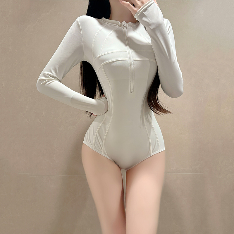 Women's One Piece Long Sleeve Swimsuit Solid Color Korean Style Slim Fit Professional Sports Swimwear For Hot Springs And Vacations Polyester_voghion.com