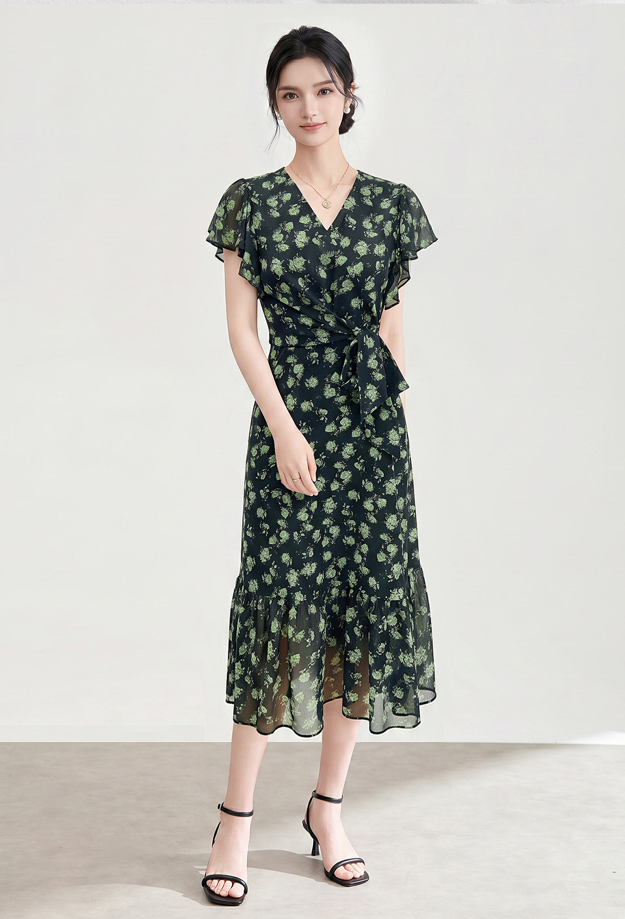 Đầm maxi nữ cổ V họa tiết hoa nhí, tay viền lá sen, thắt eo — xanh lá cây chi tiết 2