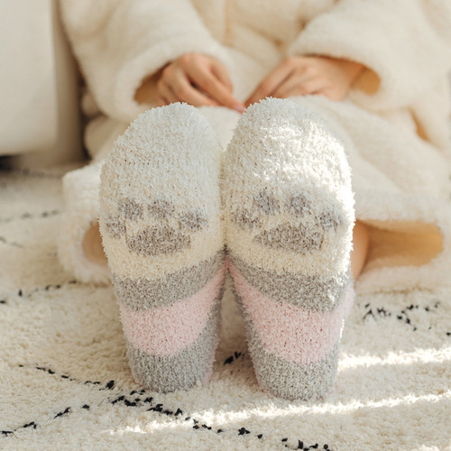 Powder blue cat claw coral velvet socks autumn and winter thickened women's mid-calf socks warm sleep socks floor socks confinement socks