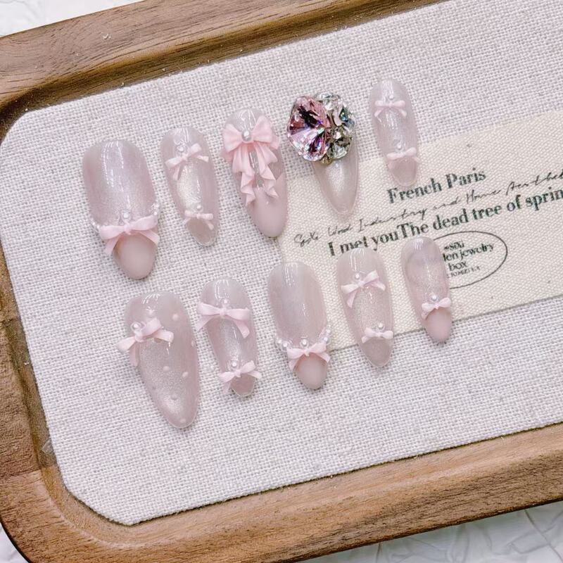 Pink Hand-Painted High-End Manicure Cat-Eye French Real-Shot Short Almond One-Piece Wholesale Handmade Wearable Manicure