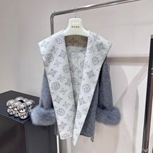 新款老花系带中长款连帽双面呢羊毛大衣宽松韩版外套狐狸毛皮草女