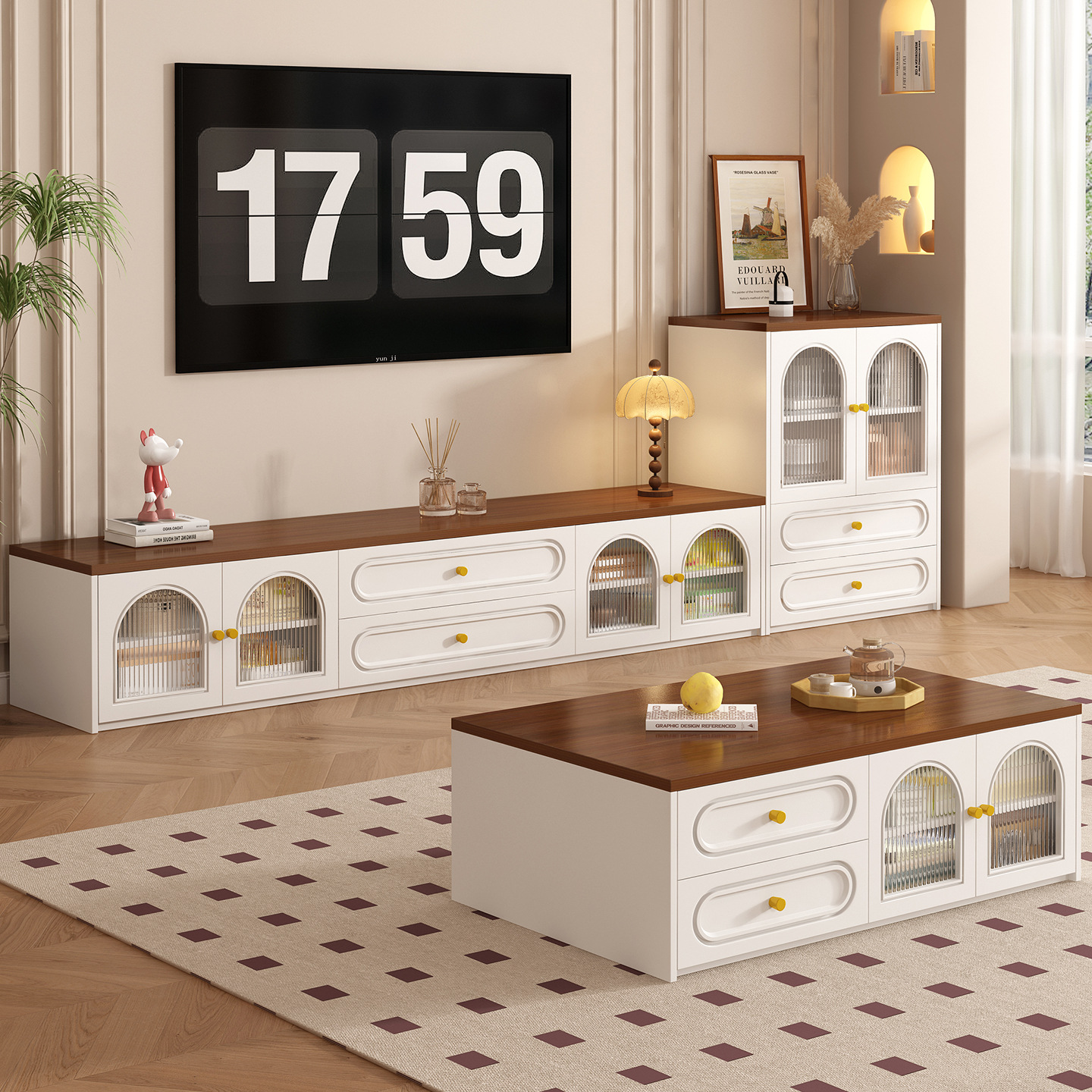 French Retro Tv Cabinet Coffee Table Combination Home Small Apartment Living Room Storage Storage Cabinet Tv Floor-Standing Side Cabinet