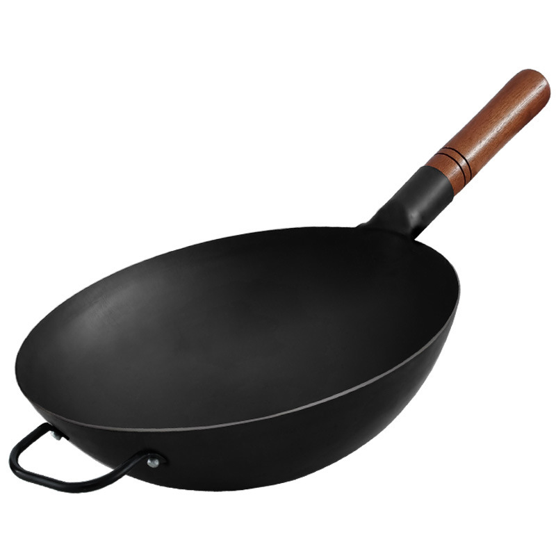 Wok de hierro fundido Zhangqiu para cocinar, sin recubrimiento antiadherente, hecho a mano estilo antiguo, integrado para cocina occidental, con mango de madera, para uso doméstico, venta al por mayor
