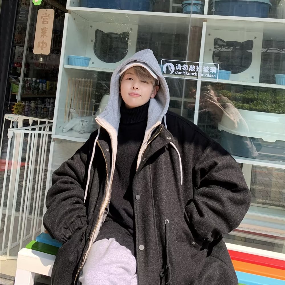 Abrigo de lana con capucha de marca de moda ropa de invierno para hombres nuevo abrigo casual suelto grueso estilo de Hong Kong guapo gabardina de longitud media