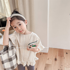2024 Children's Clothing Summer New Products Girls Summer Clothes Korean Style Washed Cotton Puff Sleeve Short Sleeve Shirt 123206