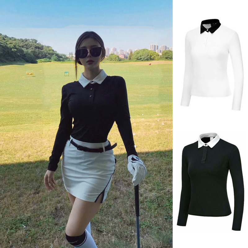 Spring and Autumn GOLF Women's Long-sleeved Sports Quick-drying Slim-fit Color-contrast Lar Polo Shirt Top GOLF Ball Clothes