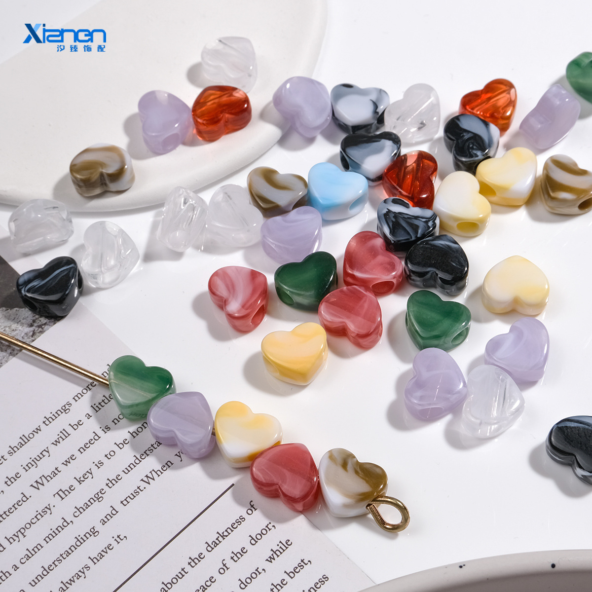 国风双色爱心大穿孔珠云彩仿玉石亚克力手链服装辅料diy饰品配件