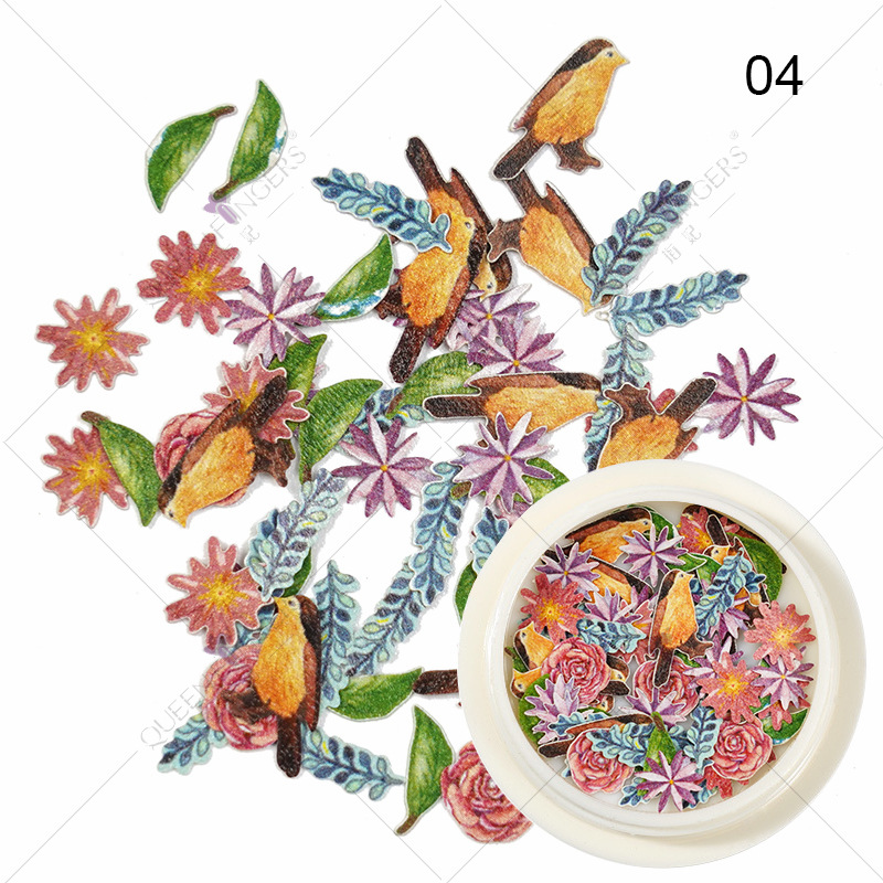 Joyas de manicura de la princesa inswind coloridas flores y hojas pájaros mariposas primavera serie de pulpa de madera parche de manicura