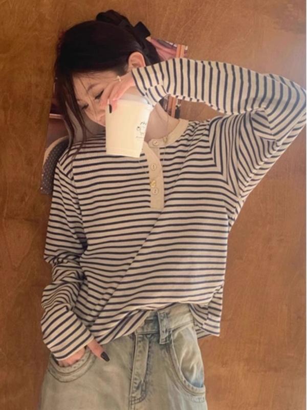 春秋薄款外穿宽松慵懒风撞色条纹长袖打底针织衫上衣设计感毛衣女|undefined