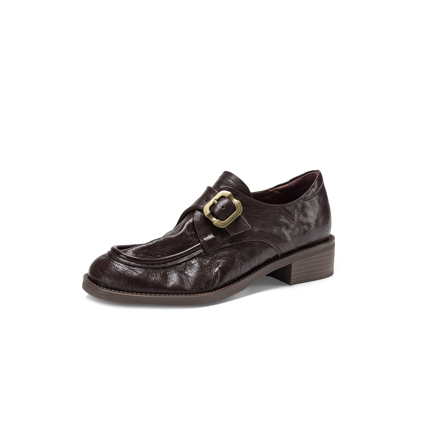 Giày loafer nữ phong cách Anh quai khóa, gót vuông thấp, mũi sâu, da bò — màu nâu
