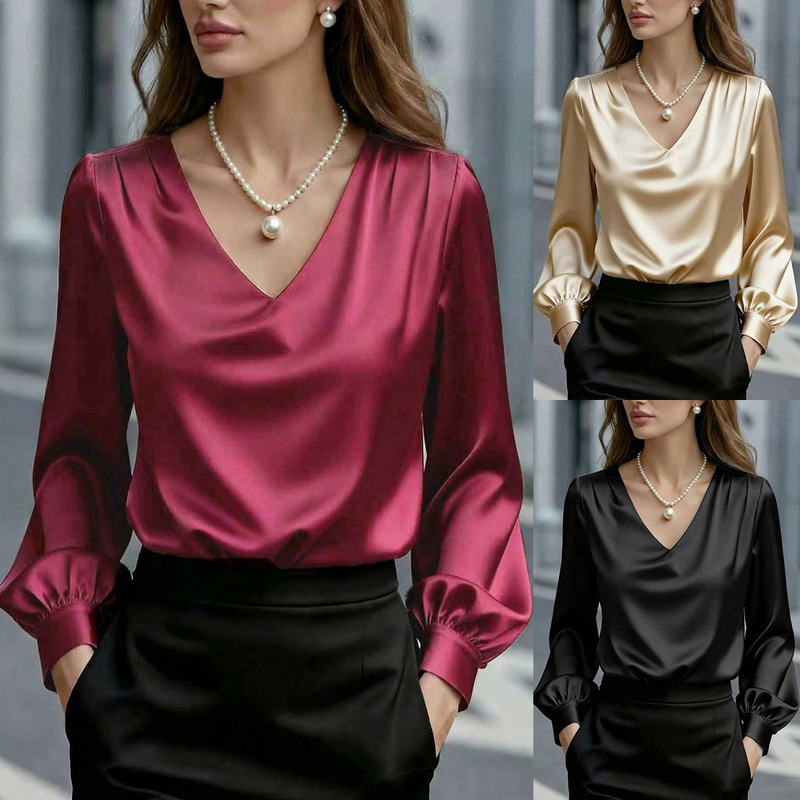 2026 Amazon Wish Independent Site New Style French Elegant Puff Sleeve V-Neck Satin Long-Sleeve Shirt for Women