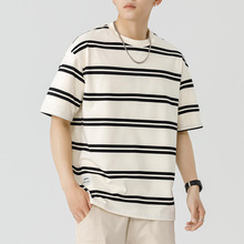 鲲海鹏云夏季复古条纹半袖情侣装休闲潮流简约短袖t恤男生打底衫