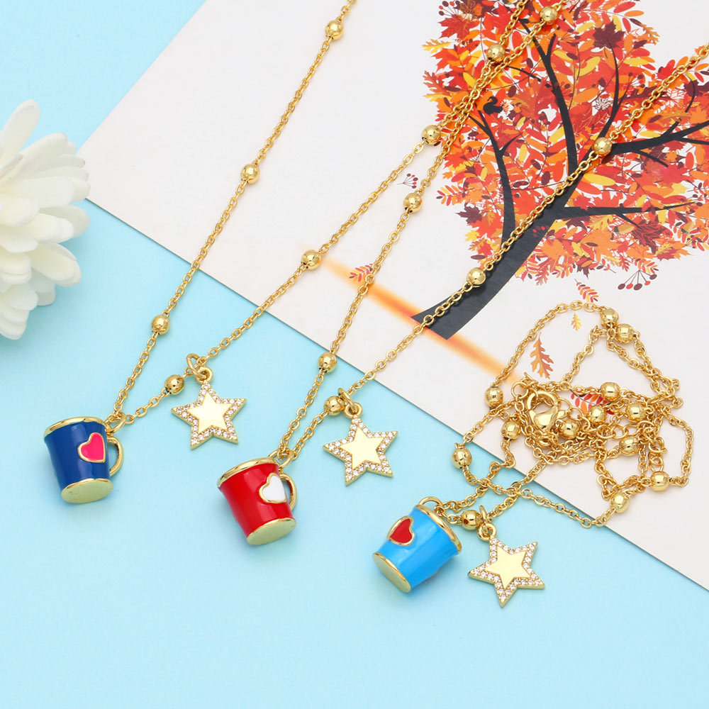 Copper Material Fashion Copper Xingx Cup Heart Shape Necklace Enamel Zircon Copper Necklaces
