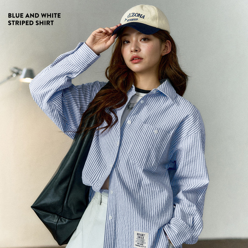 Madden Women's French Blue Sunscreen Shirt Casual Cotton and Linen Striped Shirt Set Cardigan Top Coat Spring and Summer