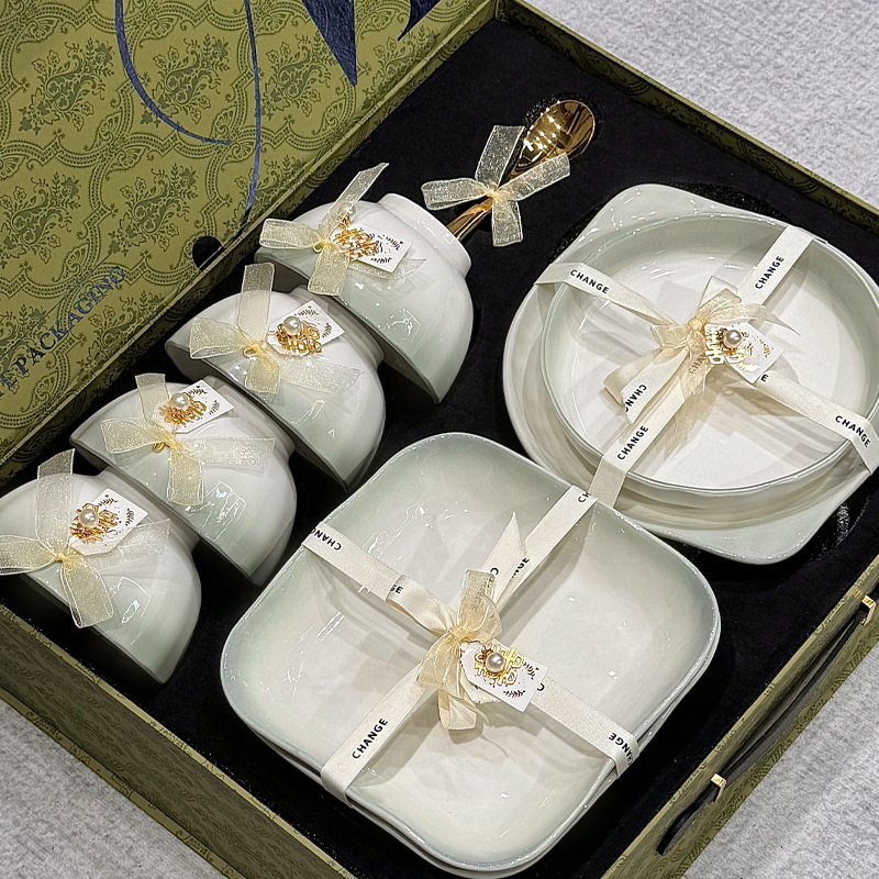 Household Bowl and Dish suit Simple Gradient Green Thickened Ceramic Rice Bowl Dish Kitchen Utensils Underglaze Color Bowl and Dish Tableware