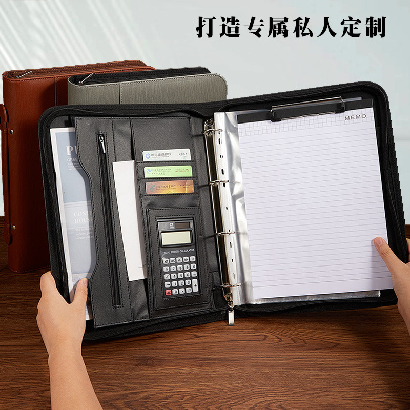 Nueva carpeta multifuncional A4 carpeta de gerente de oficina de negocios carpeta de cuero con bolsa de cremallera de computadora en stock