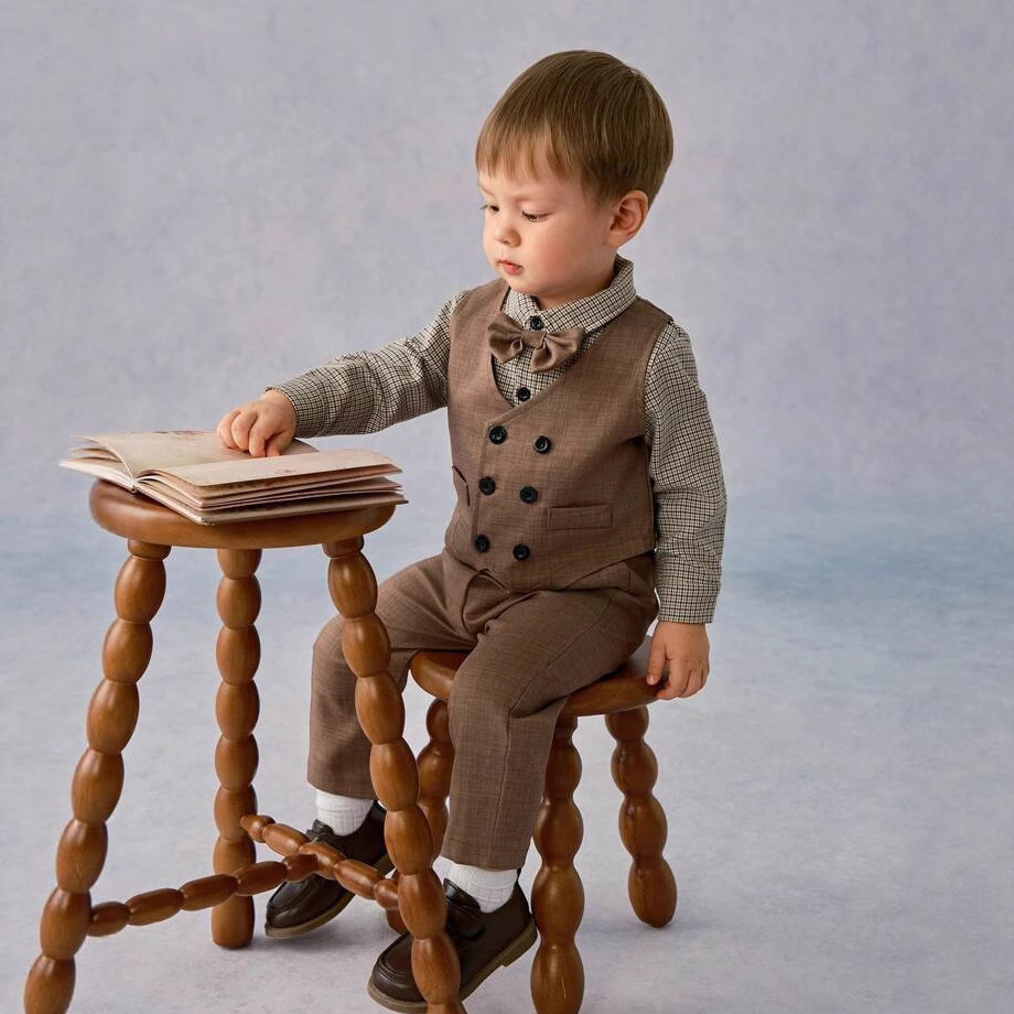 Children's British Gentleman's Suit, Boy's Double-Breasted Vest, Plaid Long-Sleeved Shirt, Wedding Flower Boy Suit