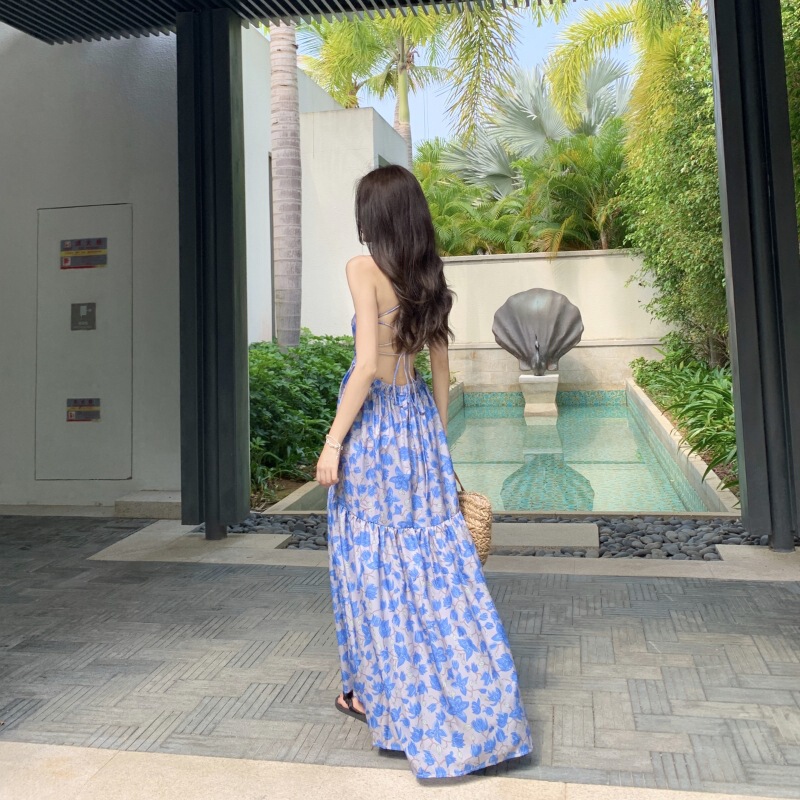 Runaway Princess Dress for Beach Vacation, Backless Tie-Up Slimming Bohemian Dress for Women