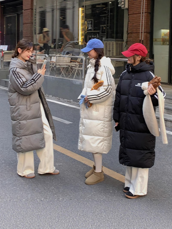 新款长款过膝三条杠羽绒棉服女2025年冬季小个子宽松保暖棉袄外套|undefined