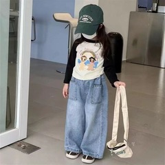 女童套裝秋新款印花拼色長袖t恤寶寶休閒大口袋牛仔褲兩件套78022