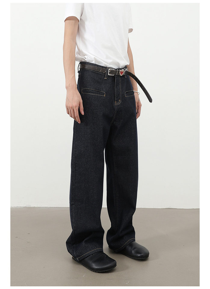 Quần jean nam ống rộng dáng suông có túi kiểu Hàn Quốc — Denim đen, màu xanh denim chi tiết 5