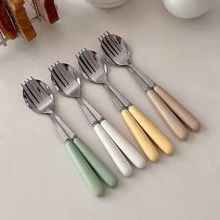 ins style simple candy color stainless steel tableware cream style Nordic knife, fork and spoon portable Western dessert knife, fork and spoon
