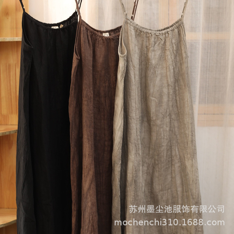 Summer Travel Linen Tie-Dye Long Dress with Double Straps, Vintage Artistic Women's Distressed Extended Camisole Dress