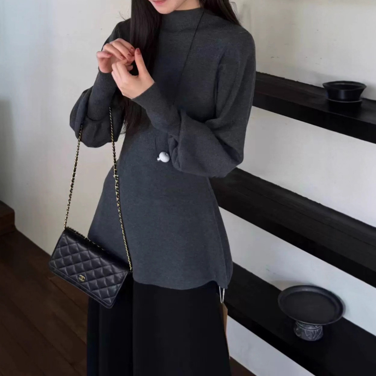 2025秋季 灯笼袖针织衫女秋冬新款法式半高领蝙蝠袖收腰毛衣上衣