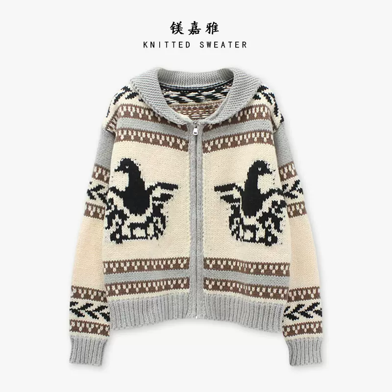 2024年韩版新款复古提花毛衣开衫女翻领宽松显瘦气质毛衣外套长袖