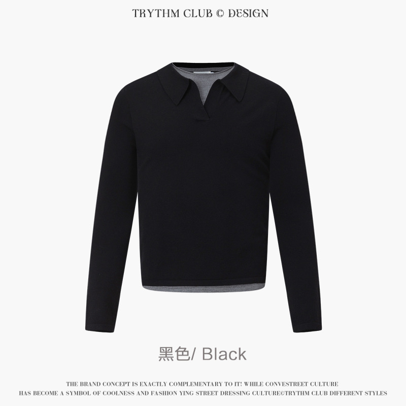 TRYTHMCLUB 高级风polo衫海鸥领假两件宽松长袖针织毛衣情侣T恤上|undefined