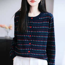 轻奢立体感提花秋季新款韩系圆领毛衣开衫女宽松遮肉大码针织上衣