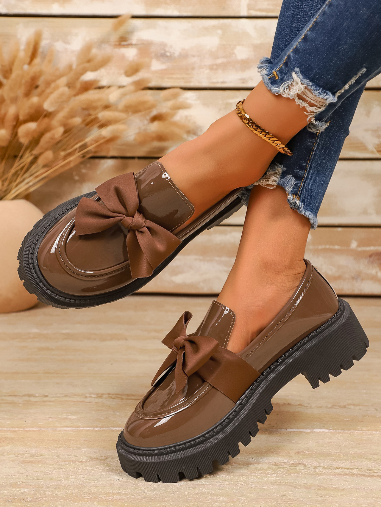 Damen Slipper Aus Leder Mit Schleife Und Elegantem Blockabsatz_voghion.com