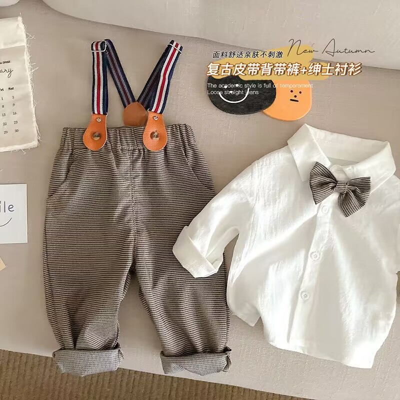 Factory direct new children's small bow tie suspenders two-piece Korean gentleman houndstooth white shirt generation hair