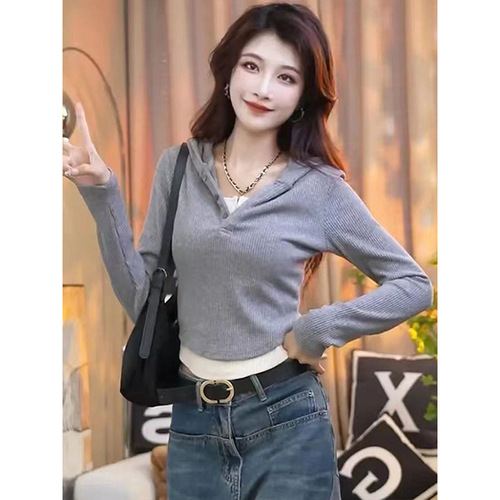 Glamorous Hong Kong-style trendy hooded design long-sleeved women's early spring high-end faux two-piece top slim-fitting versatile slimming T-shirt