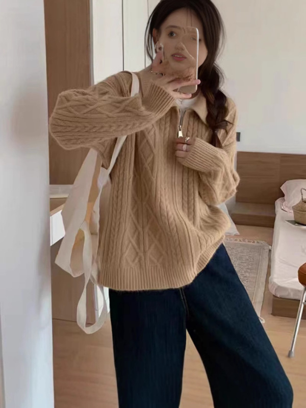レトロな襟付きジッパーセーターコート、女性用、秋冬、クロスボーダー、ゆったりとした怠惰なデザイン、スタイリッシュな麻花編みニットカーディガン|undefined